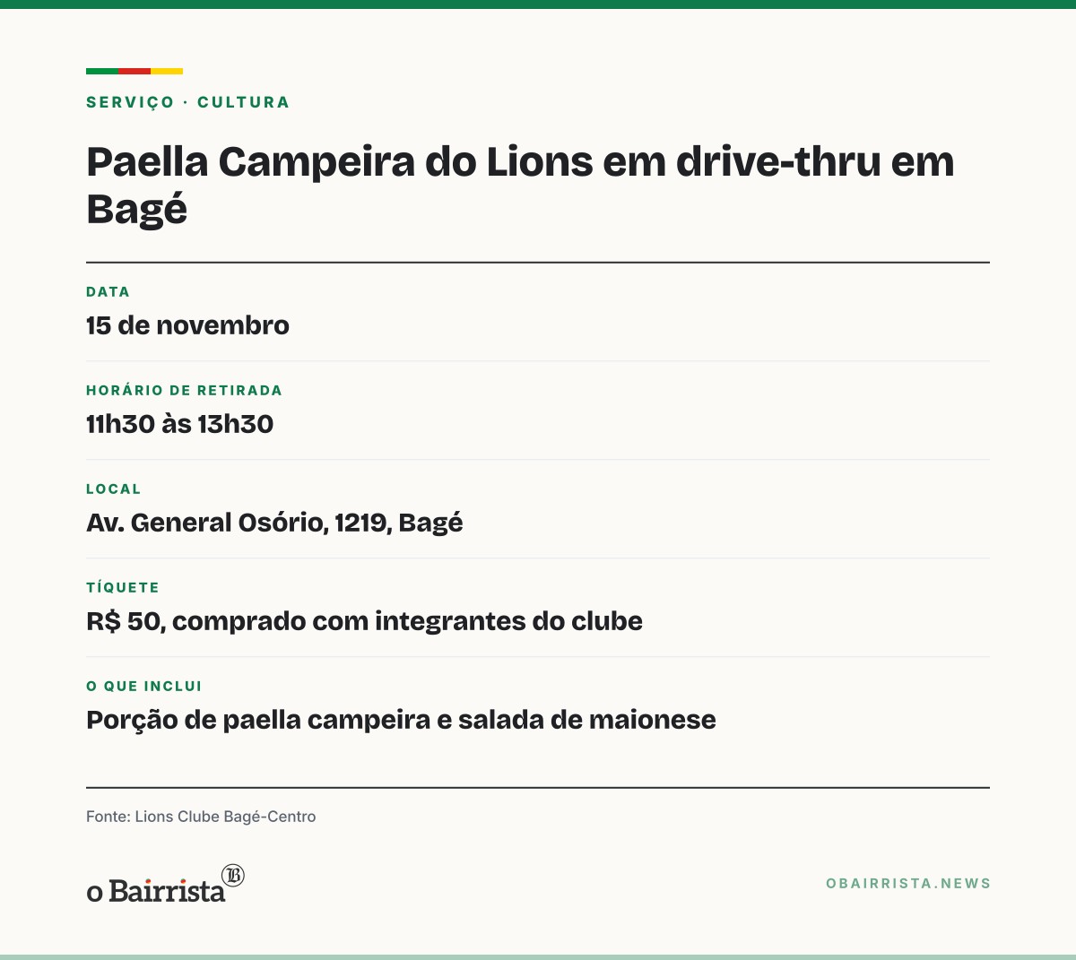 Quadro: Lions Clube Bagé-Centro serve 1ª Paella Campeira em drive-thru a R$ 50 em 15 de novembro