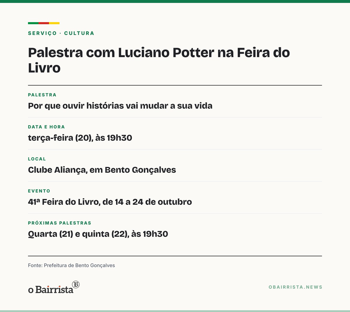 Quadro: Luciano Potter fala sobre escuta na Feira do Livro de Bento Gonçalves nesta terça (20)
