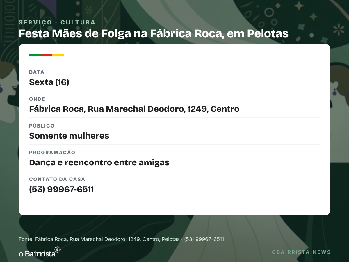 Quadro: Festa Mães de Folga reúne mulheres na Fábrica Roca, em Pelotas, nesta sexta (16)