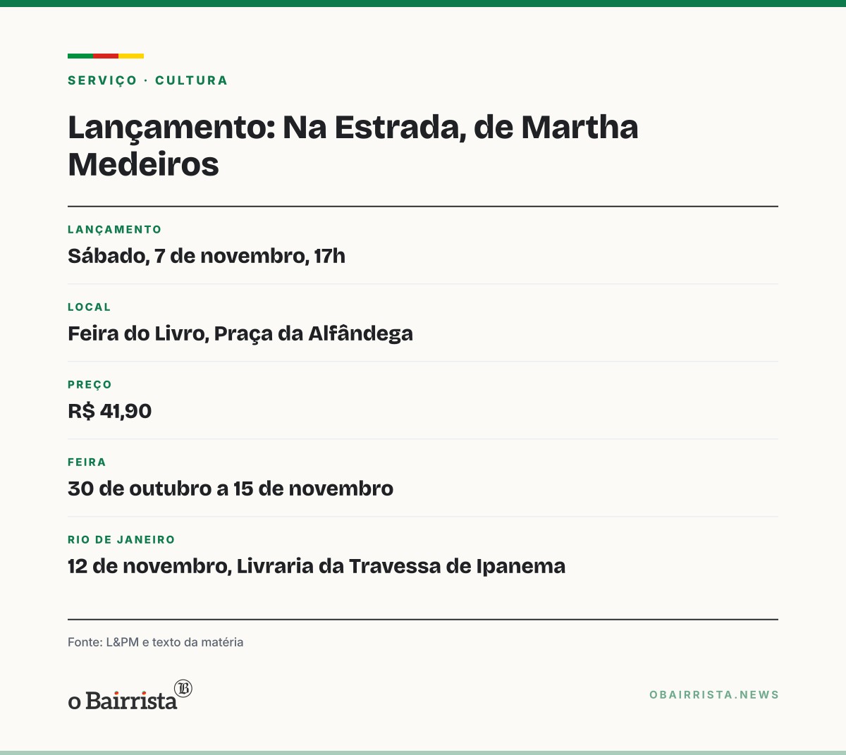 Quadro: Martha Medeiros lança 'Na Estrada' em 7 de novembro na Feira do Livro de Porto Alegre