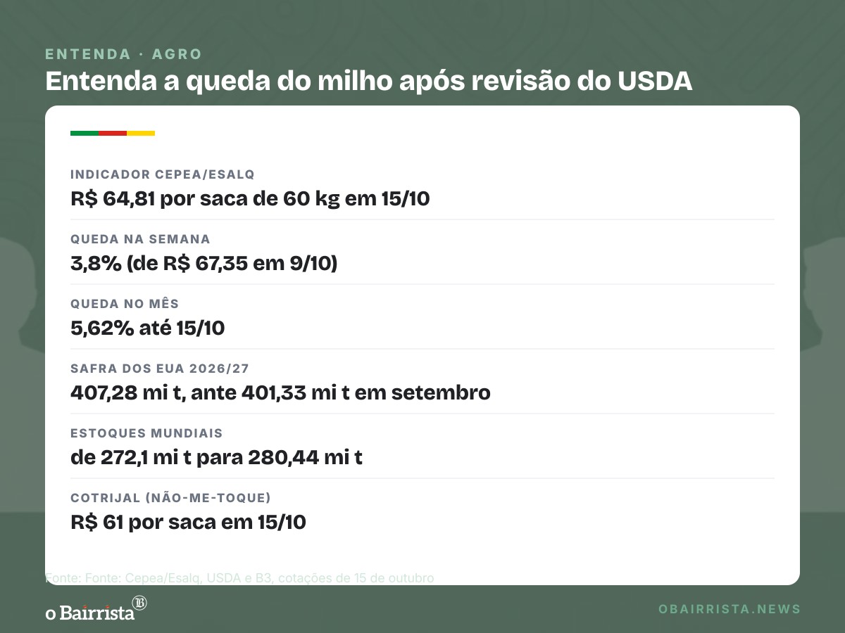 Quadro: Milho cai 3,8% no Cepea após USDA subir safra dos EUA; Cotrijal cota R$ 61 a saca
