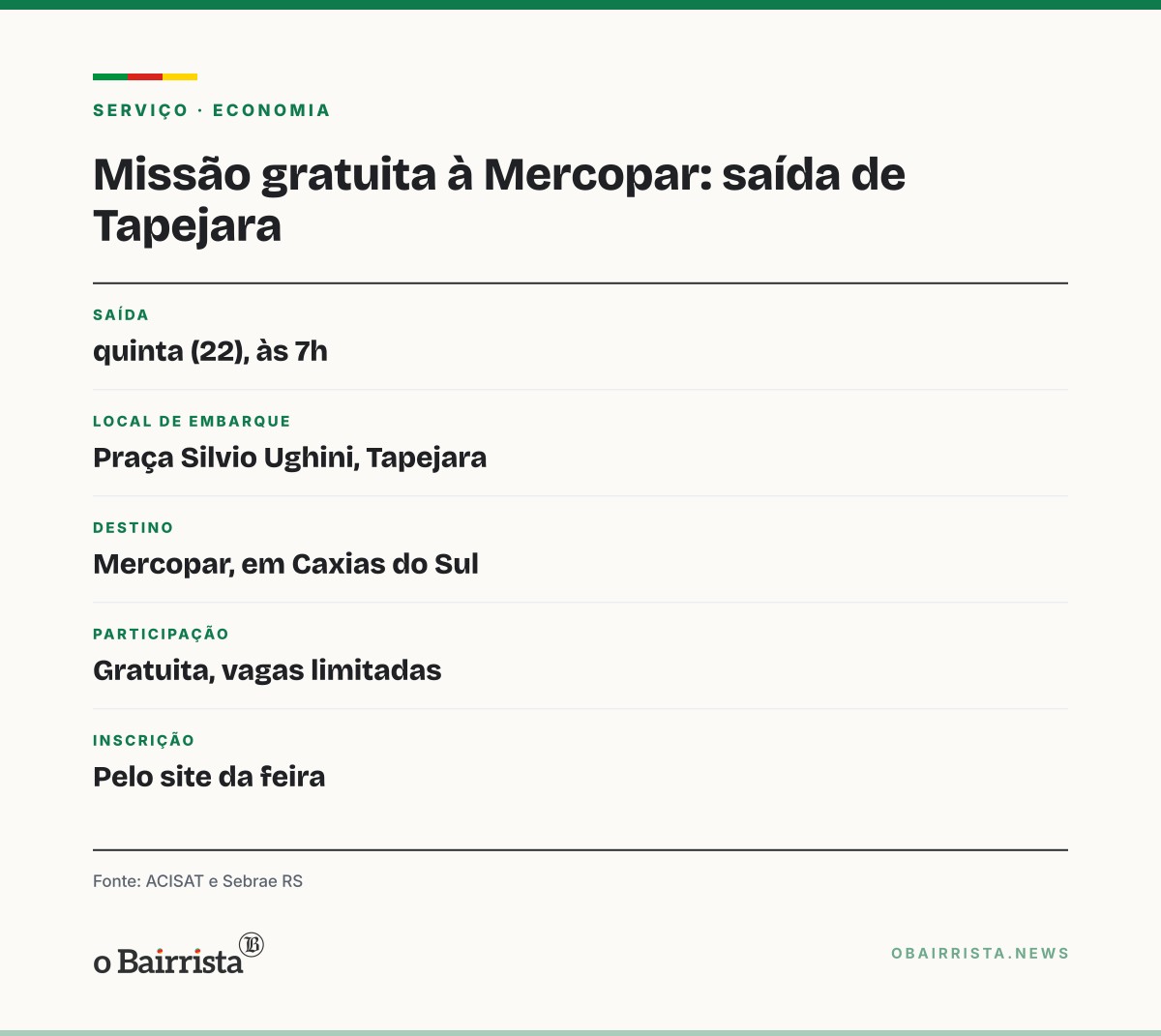 Quadro: Missão gratuita leva empresários de Tapejara à Mercopar, com saída nesta quinta (22), às 7h