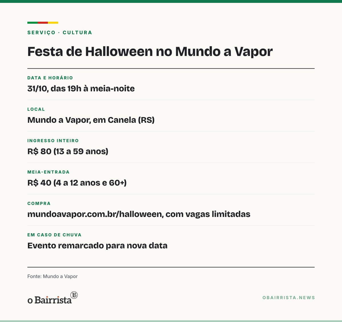 Quadro: Mundo a Vapor faz festa de Halloween em Canela no dia 31; ingresso custa R$ 80