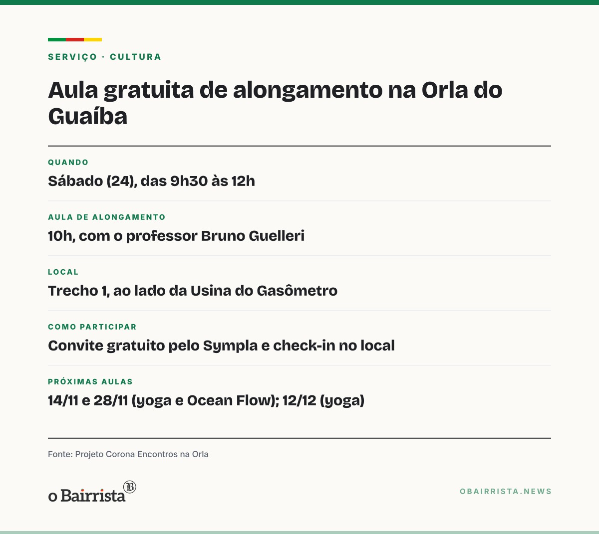 Quadro: Orla do Guaíba tem aula gratuita de alongamento neste sábado (24) e yoga até dezembro