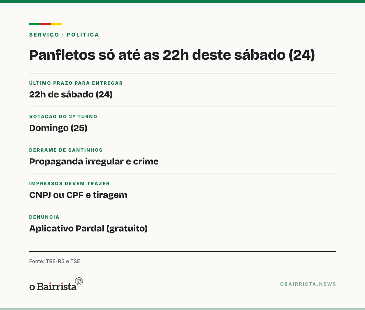 Quadro: Panfletos e santinhos só podem ser entregues até as 22h deste sábado (24)