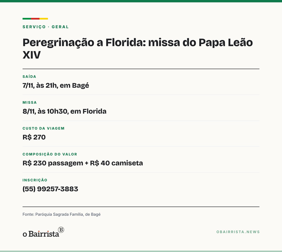 Quadro: Paróquia de Bagé leva 126 fiéis em três ônibus à missa do Papa Leão XIV, em Florida