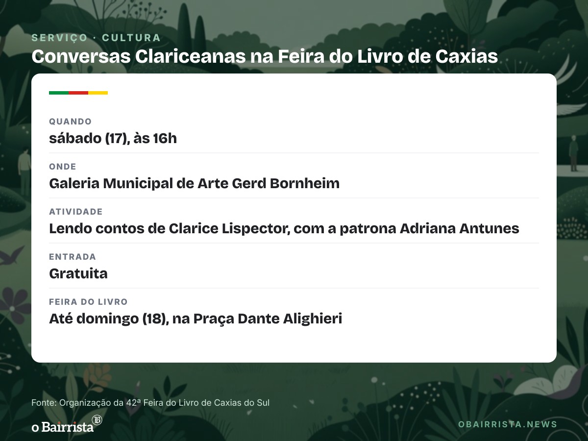 Quadro: Patrona da Feira do Livro de Caxias lê contos de Clarice Lispector no sábado (17), às 16h
