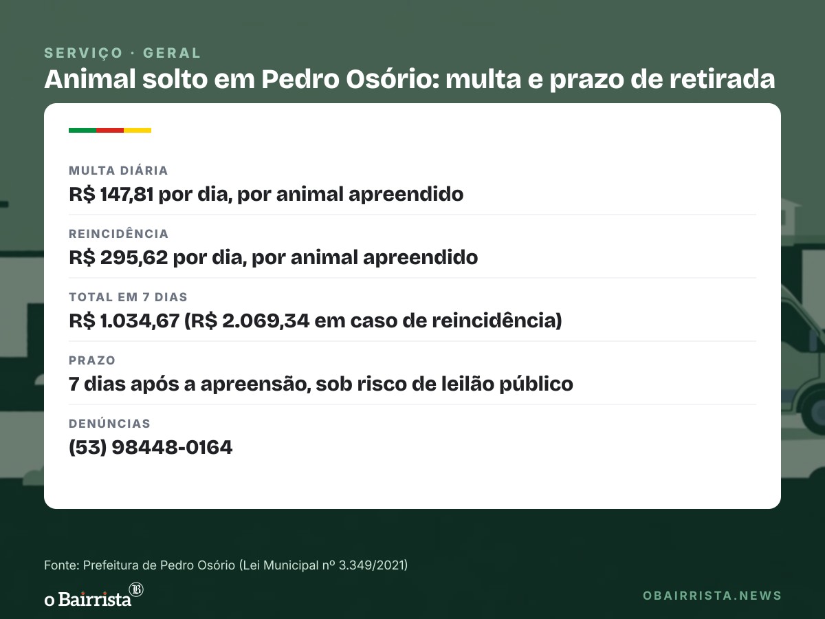 Quadro: Pedro Osório multa em R$ 147,81 por dia animal solto apreendido; reincidência dobra