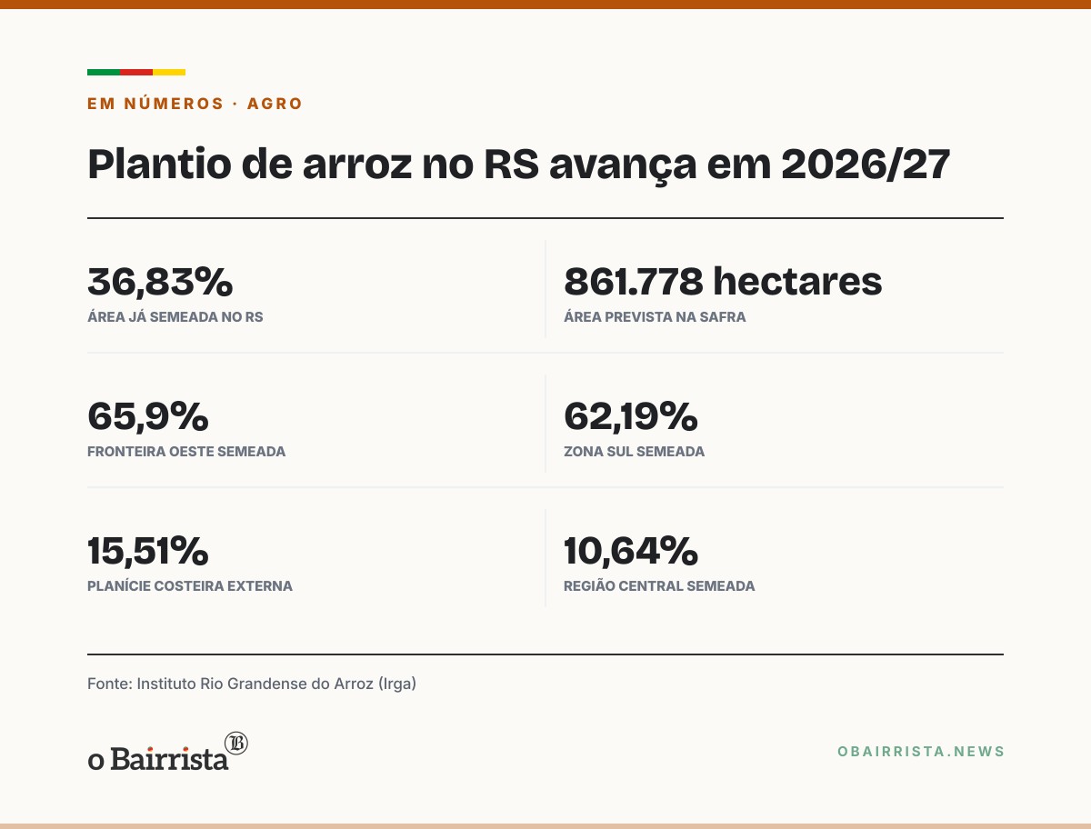 Quadro: Plantio de arroz chega a 36,83% da área no RS; Fronteira Oeste tem 65,9% semeada