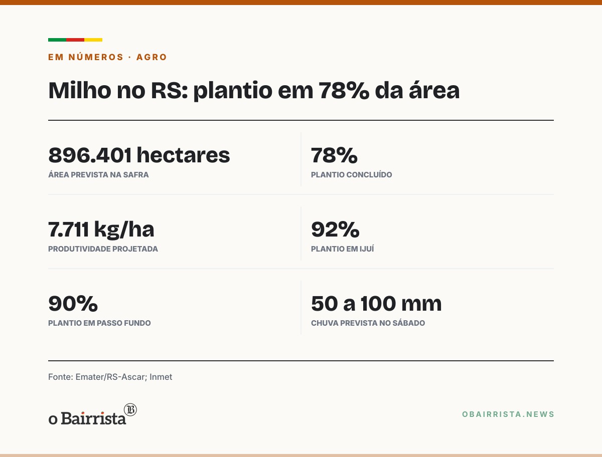 Quadro: Plantio do milho chega a 78% no RS, e temporal de sábado ameaça lavouras novas