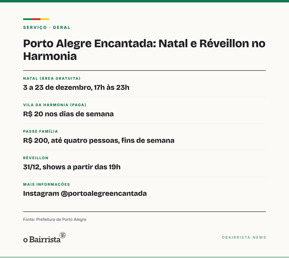 Quadro: Porto Alegre Encantada leva Natal ao Harmonia de 3 a 23/12 e Réveillon para 200 mil
