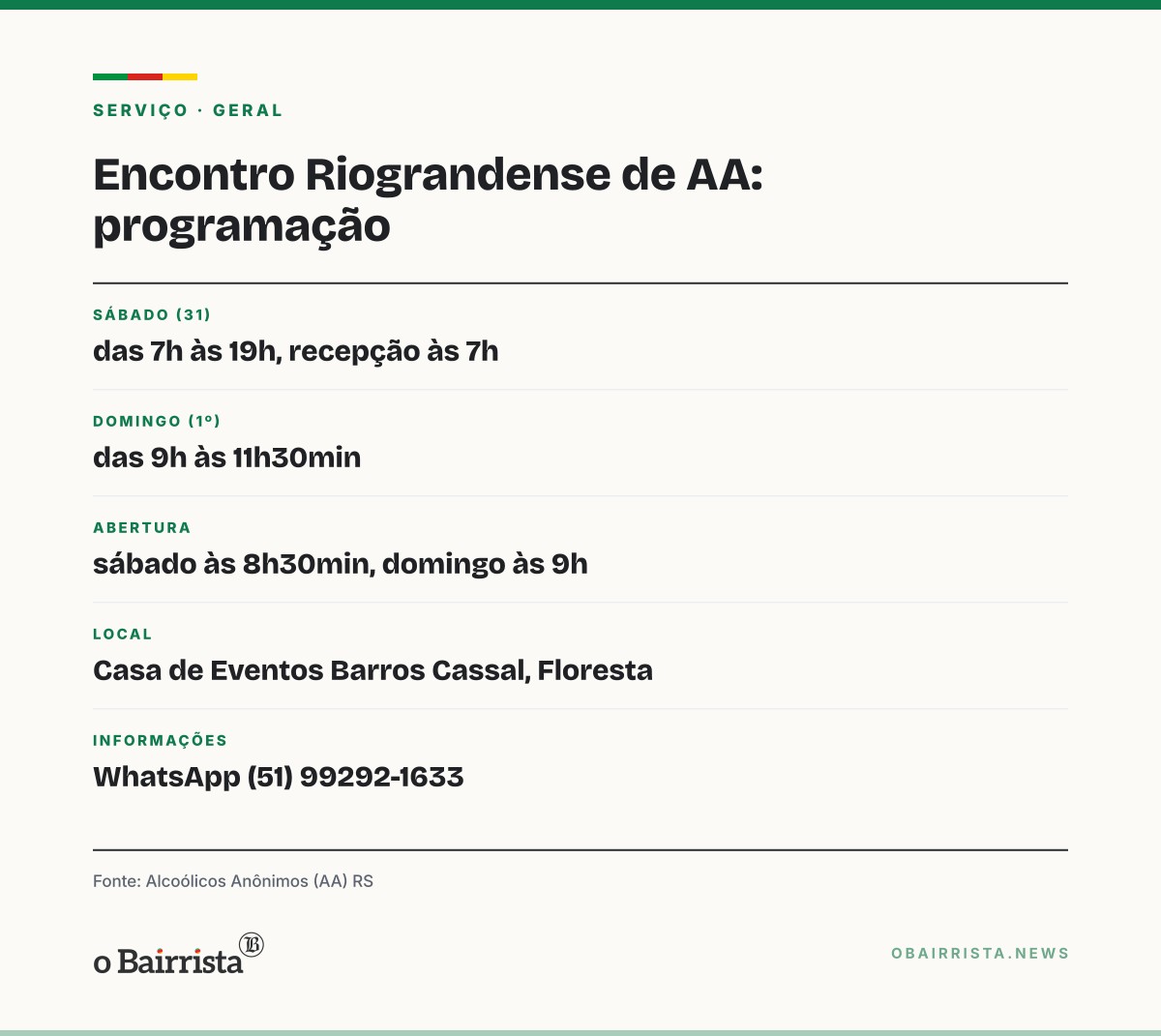 Quadro: Porto Alegre sedia 56º Encontro Riograndense de AA em 31 de outubro e 1º de novembro