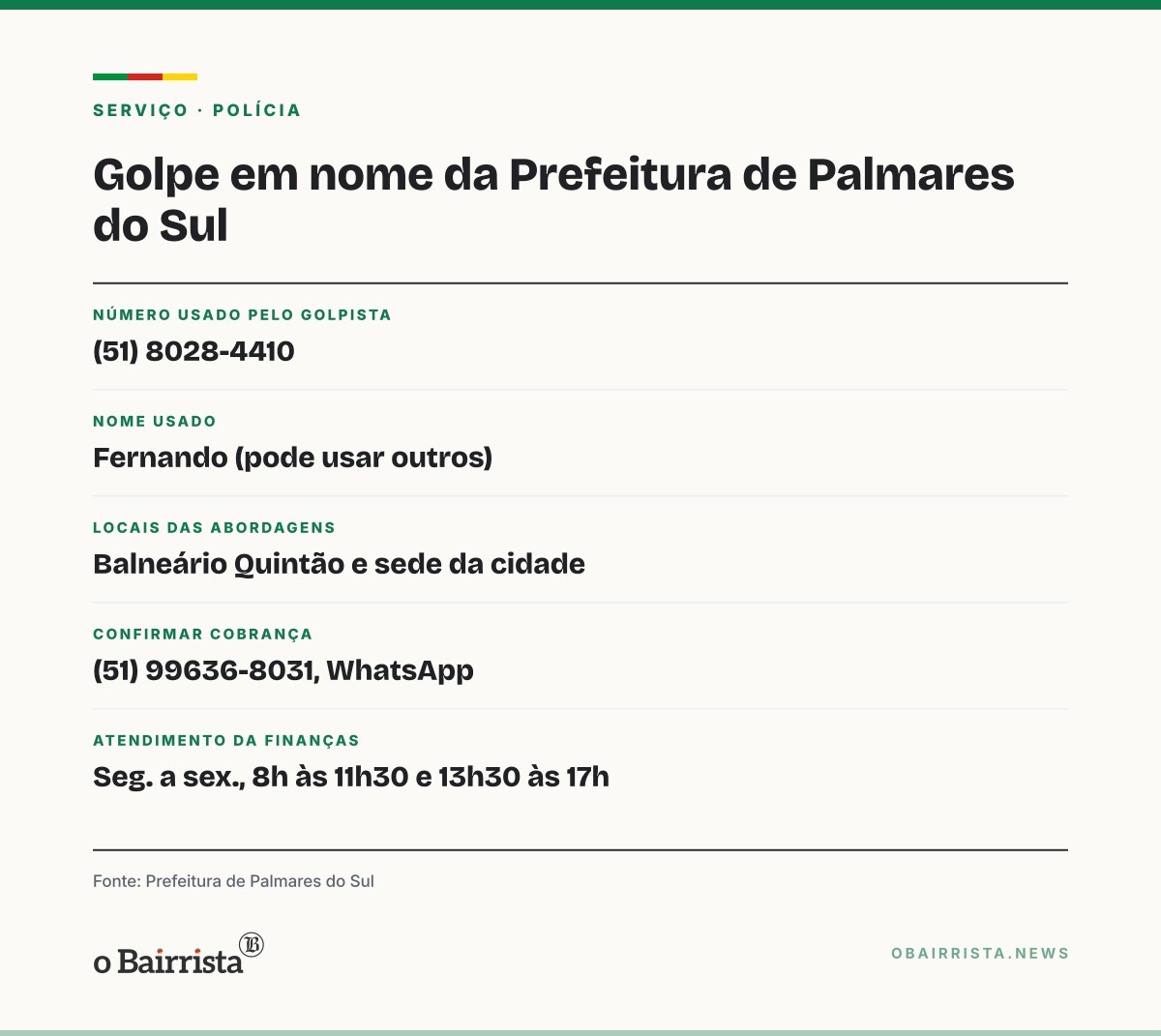 Quadro: Prefeitura de Palmares do Sul alerta para golpista que cobra em nome do município
