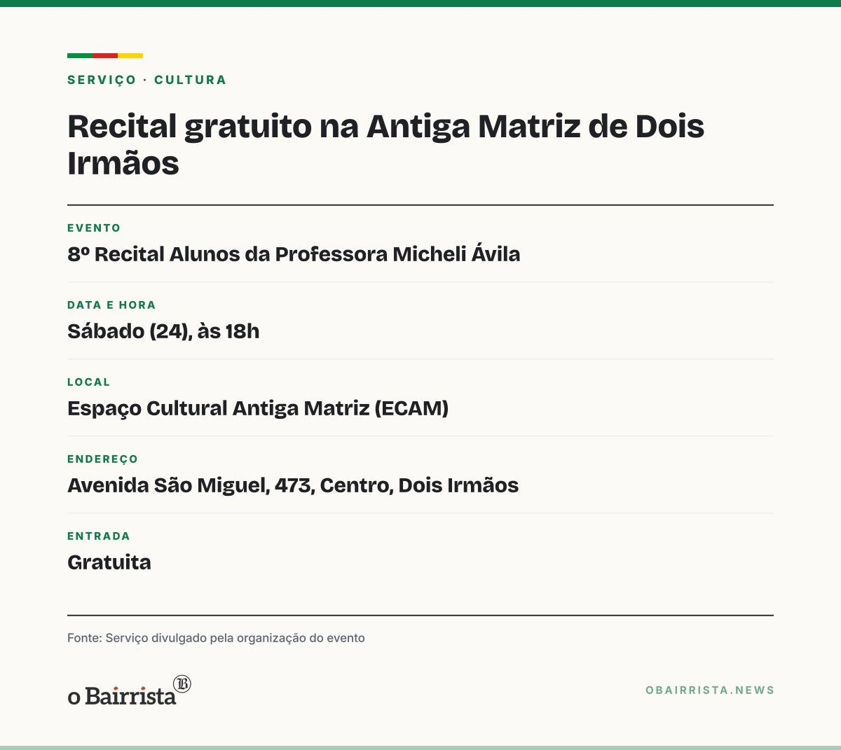 Quadro: Recital gratuito de alunos de Micheli Ávila ocupa a Antiga Matriz, em Dois Irmãos