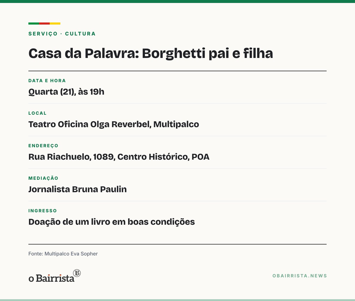 Quadro: Renato e Emily Borghetti falam de processo criativo no Casa da Palavra, nesta quarta (21)