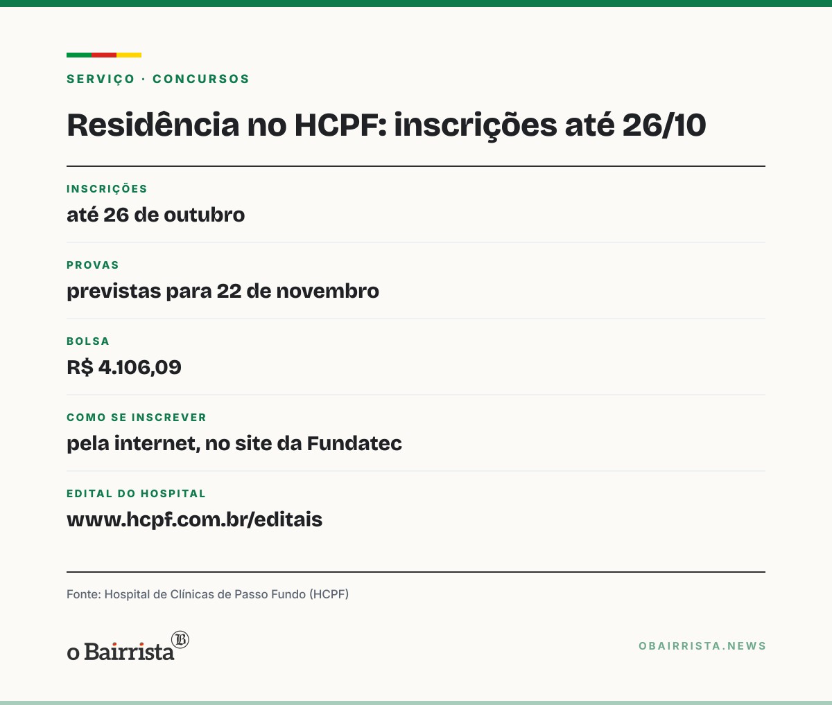 Quadro: Inscrições para residência no HCPF vão até 26 de outubro; bolsa é de R$ 4.106,09