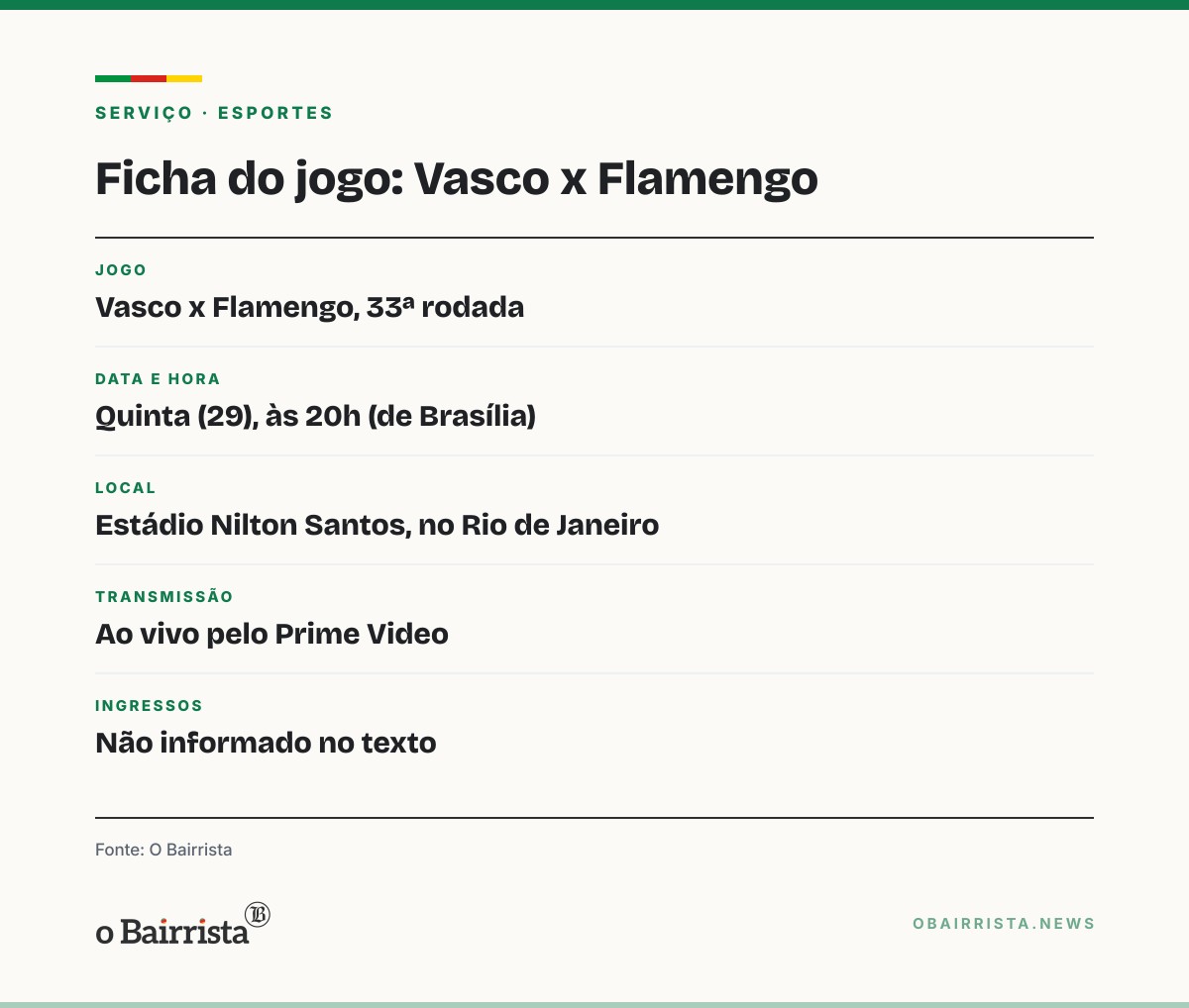 Quadro: Vasco x Flamengo joga às 20h no Rio e passa no Prime Video