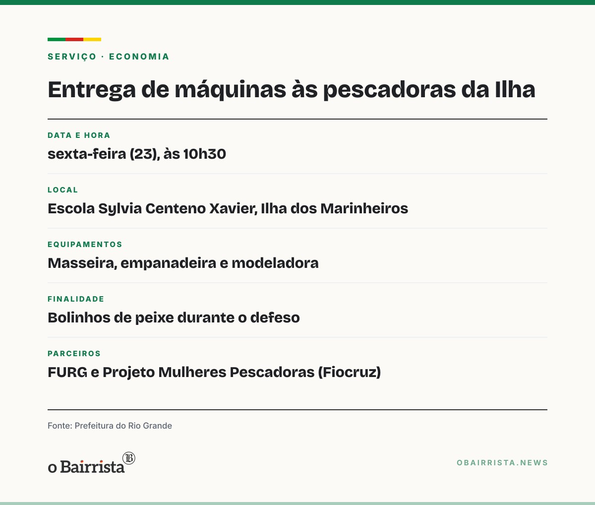 Quadro: Rio Grande entrega máquinas de salgados a pescadoras da Ilha dos Marinheiros nesta sexta