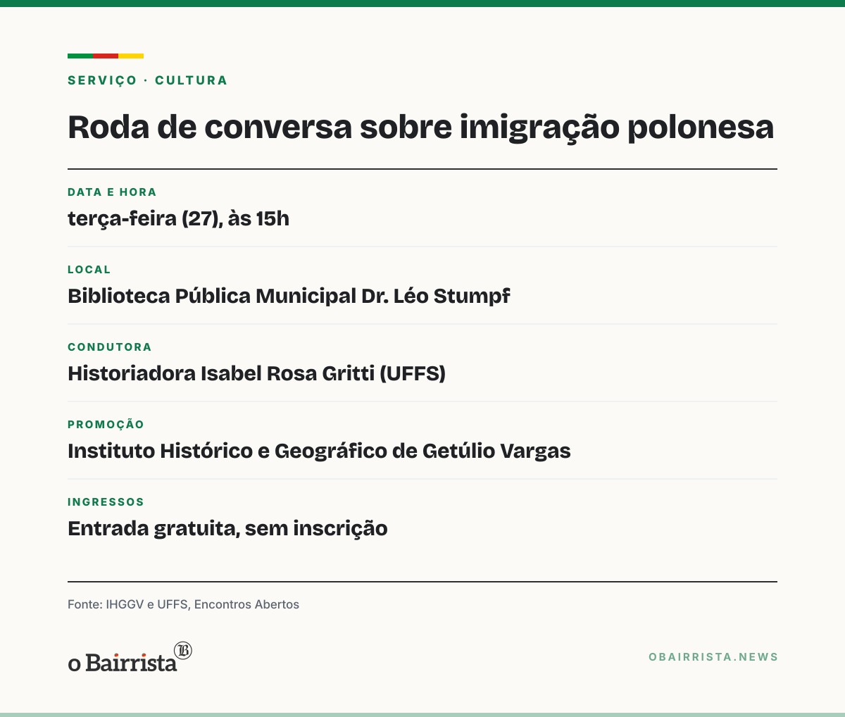 Quadro: Roda de conversa em Getúlio Vargas debate preconceito contra imigrantes poloneses