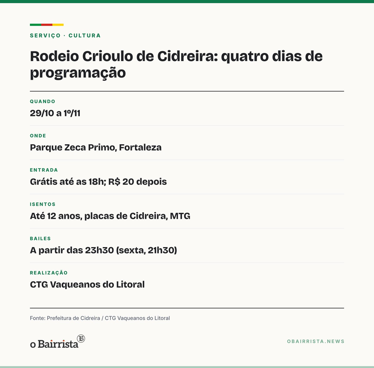 Quadro: Rodeio Crioulo Estadual de Cidreira começa dia 29 com entrada grátis até as 18h