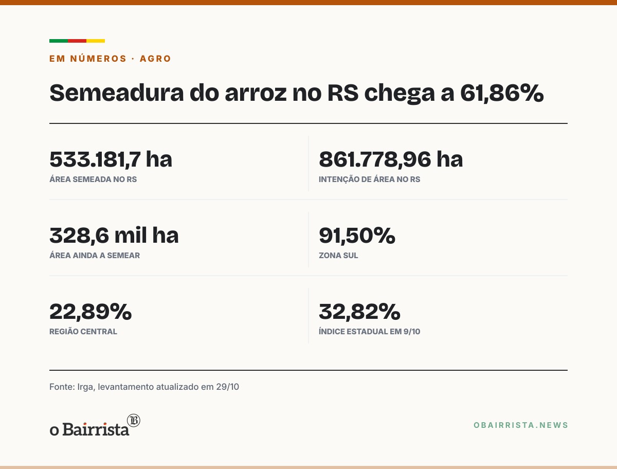 Quadro: RS semeia 61,86% do arroz irrigado; Zona Sul tem 91,50% e Região Central, 22,89%