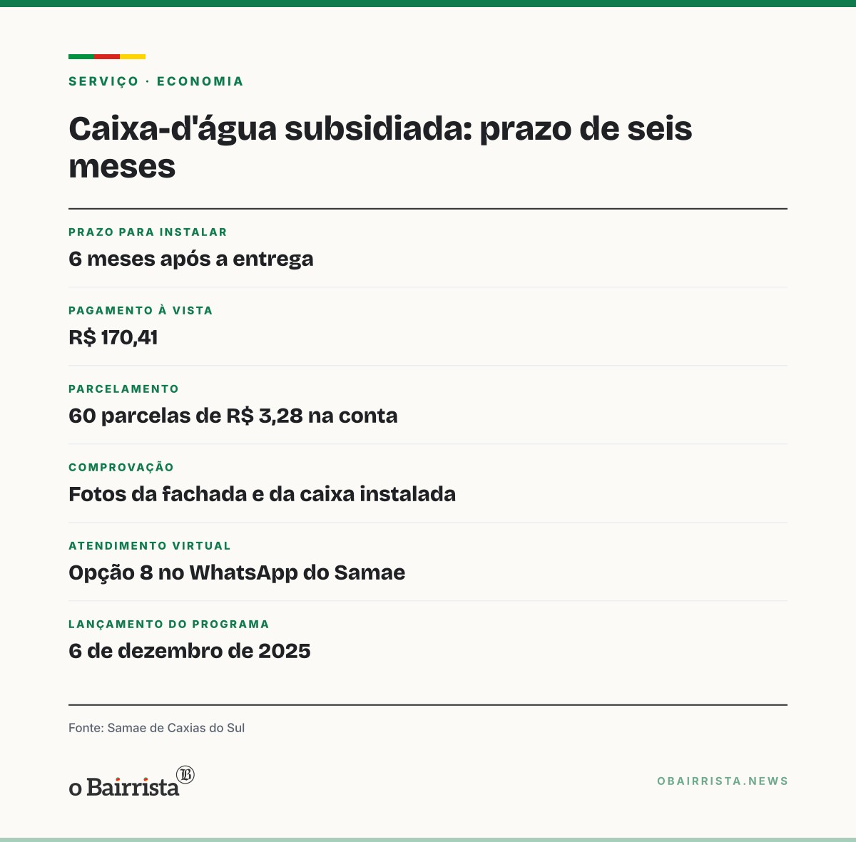 Quadro: Samae cobra de 3 mil moradores comprovação de caixa-d'água subsidiada em Caxias