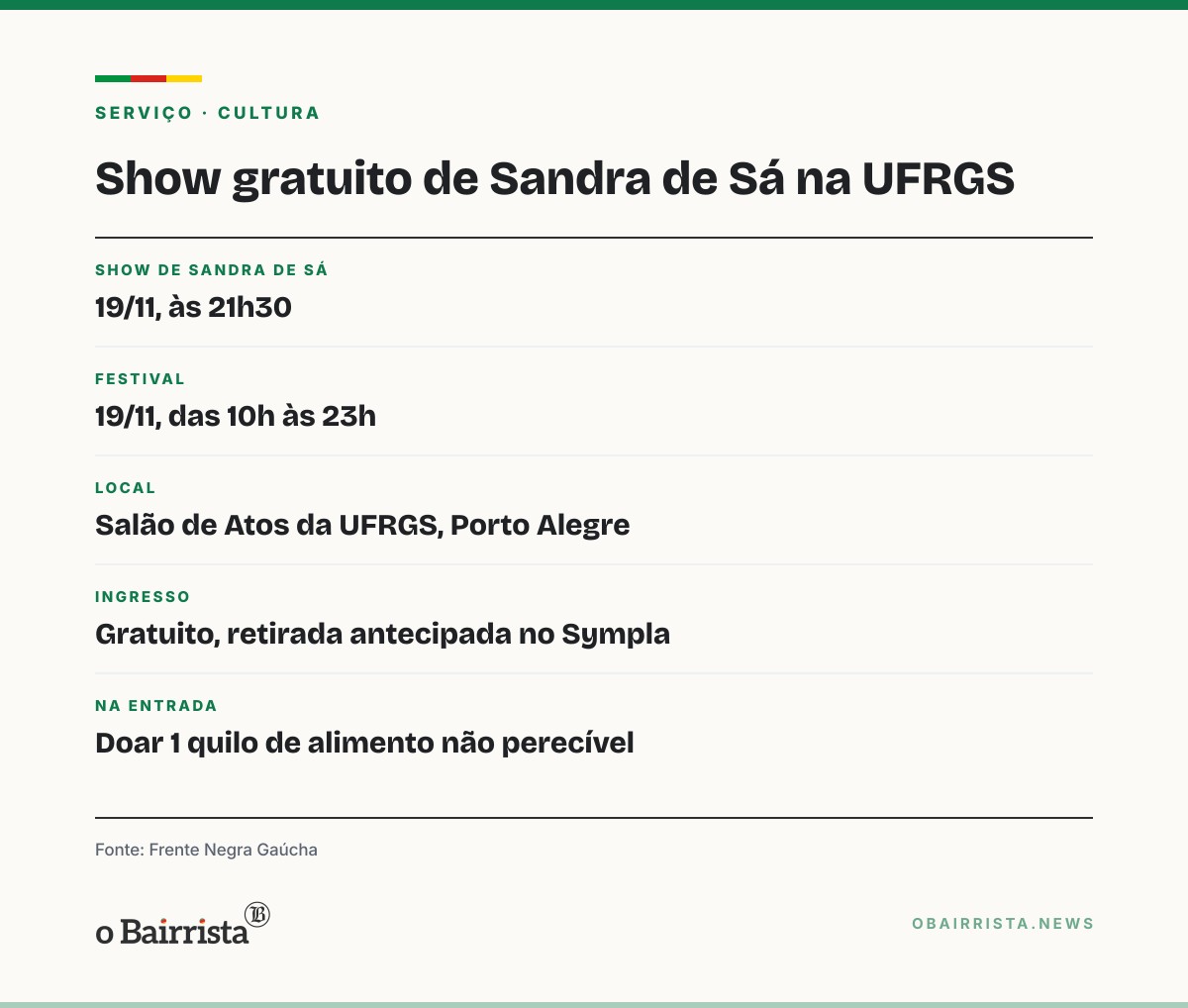 Quadro: Sandra de Sá faz show gratuito no Salão de Atos da UFRGS em 19 de novembro