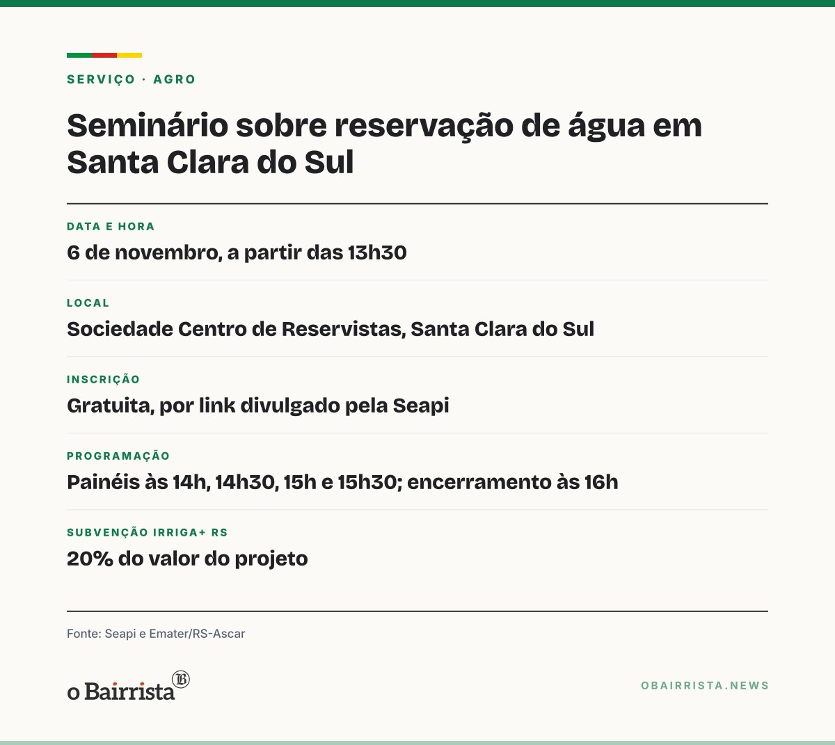Quadro: Santa Clara do Sul recebe seminário sobre reservação de água em 6 de novembro