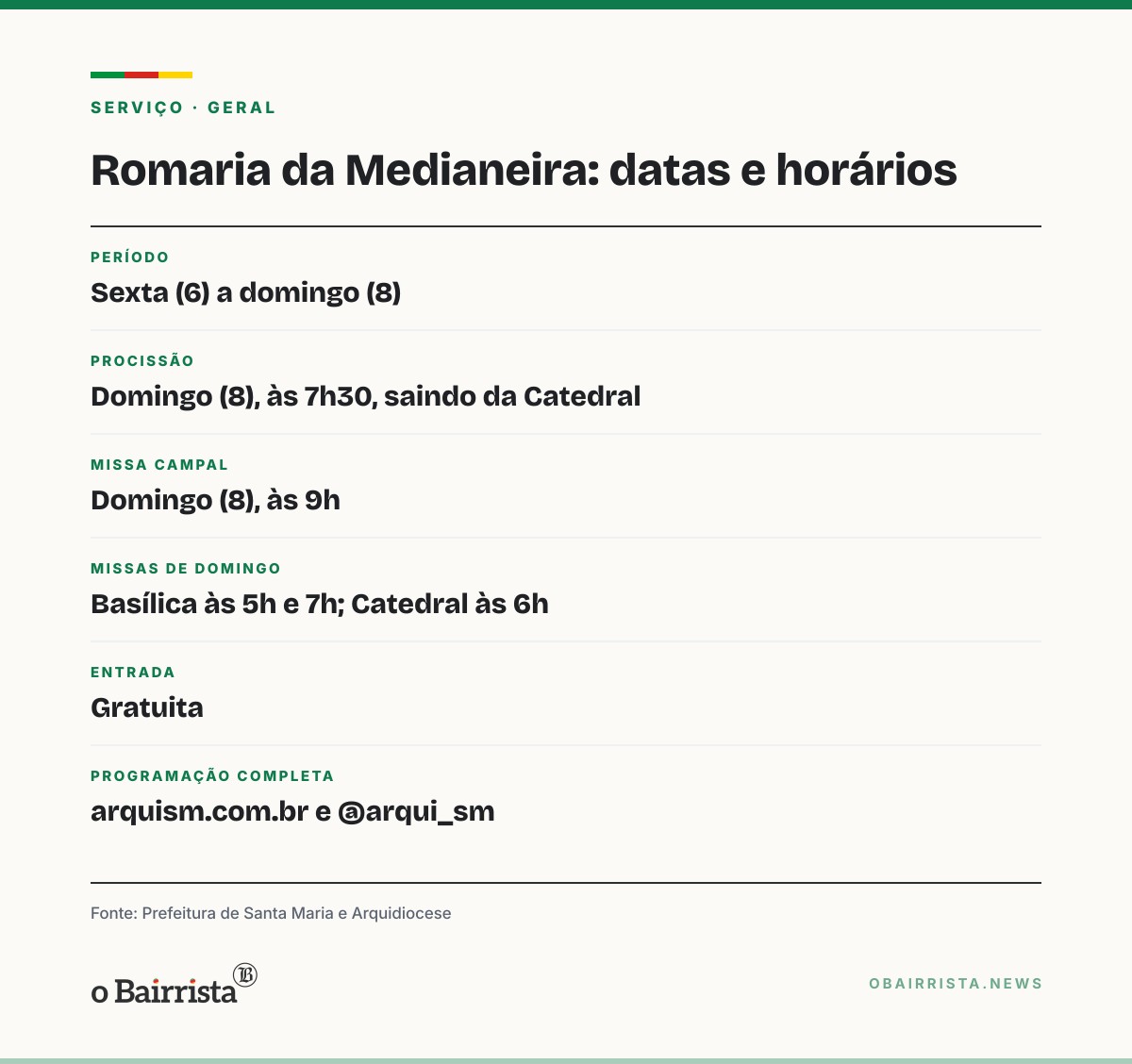 Quadro: Santa Maria: 83ª Romaria da Medianeira começa dia 6 e tem procissão às 7h30 no dia 8