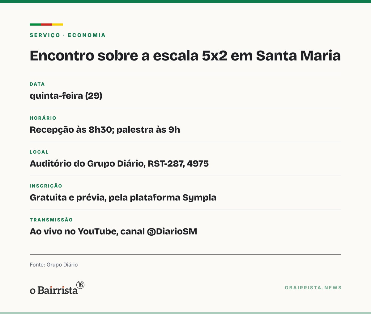 Quadro: Santa Maria recebe nesta quinta encontro gratuito sobre a escala 5x2 para empresas