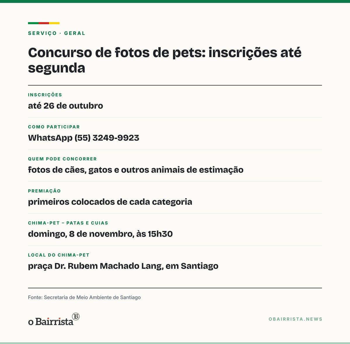 Quadro: Santiago abre inscrições até segunda para concurso de fotos de pets; Chima-Pet é dia 8