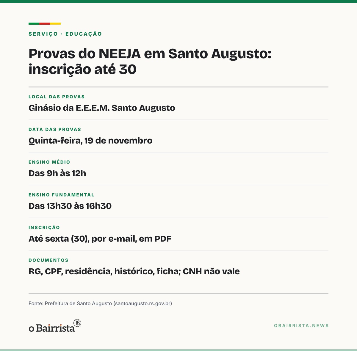 Quadro: Santo Augusto recebe pela 1ª vez provas do NEEJA em 19 de novembro; inscrição até dia 30