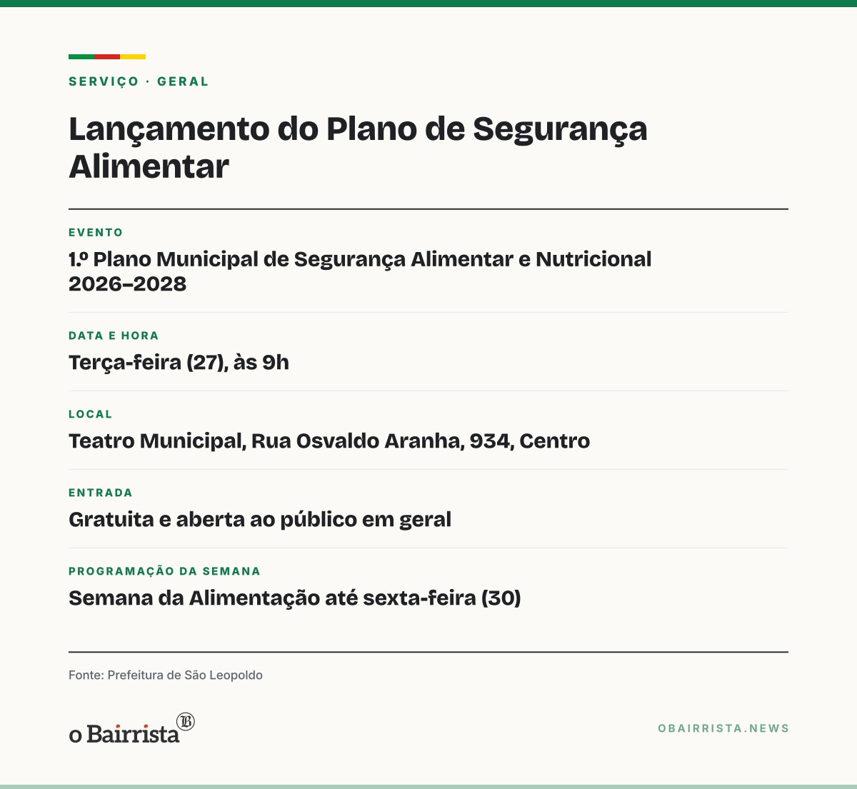 Quadro: São Leopoldo lança nesta terça (27) o 1.º Plano de Segurança Alimentar 2026–2028