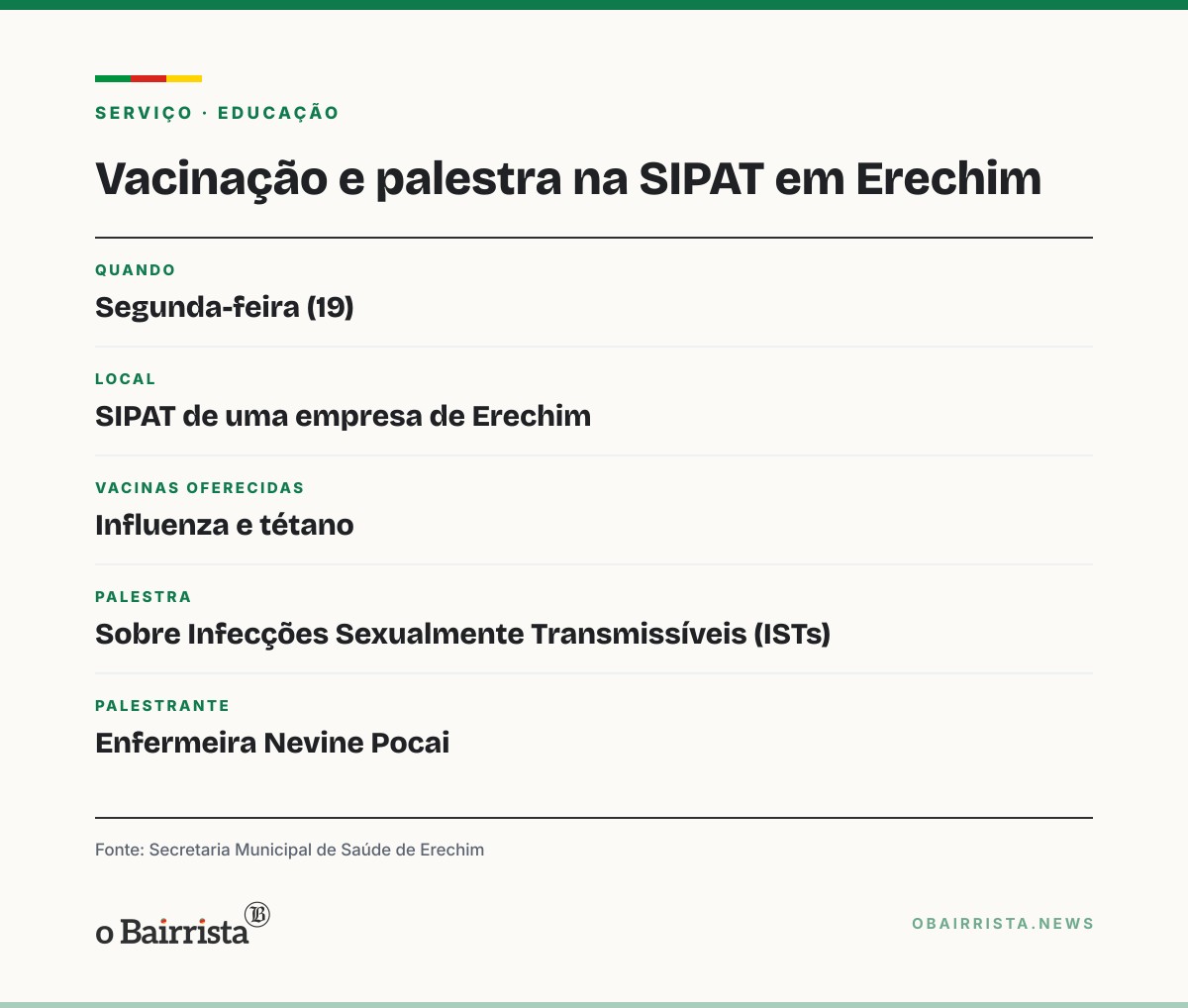 Quadro: Saúde de Erechim vacina trabalhadores contra gripe e tétano durante SIPAT de empresa