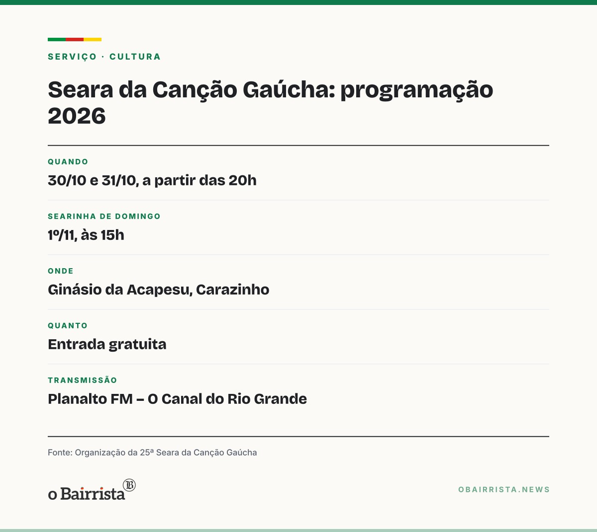Quadro: Seara da Canção Gaúcha chega à 25ª edição em Carazinho com 999 músicas inscritas