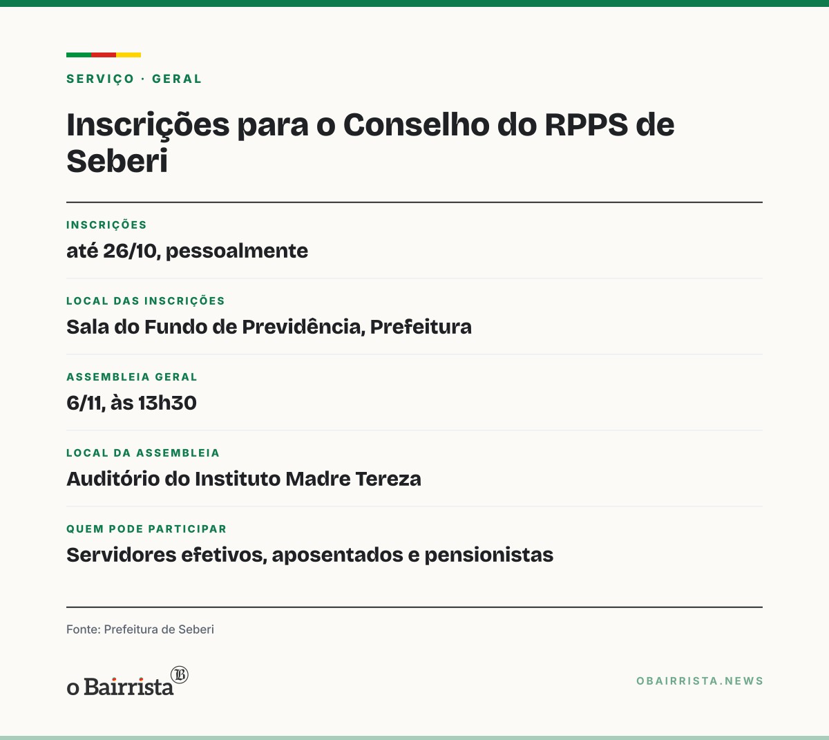 Quadro: Seberi abre inscrições até dia 26 para o Conselho do RPPS; eleição será em 6 de novembro