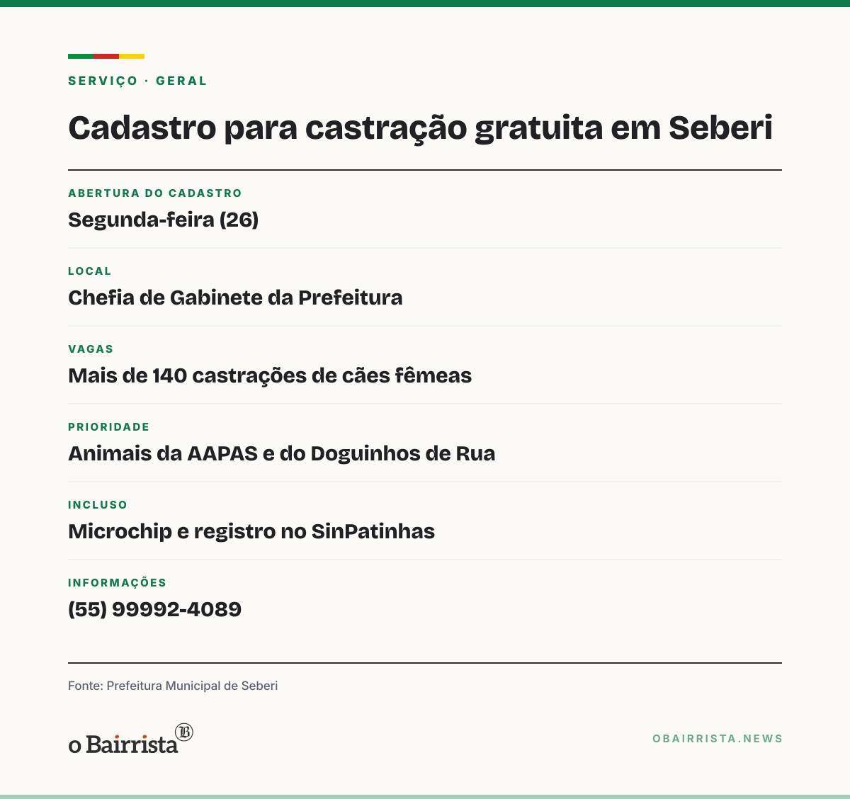 Quadro: Seberi abre na segunda (26) cadastro para mais de 140 castrações gratuitas de cadelas
