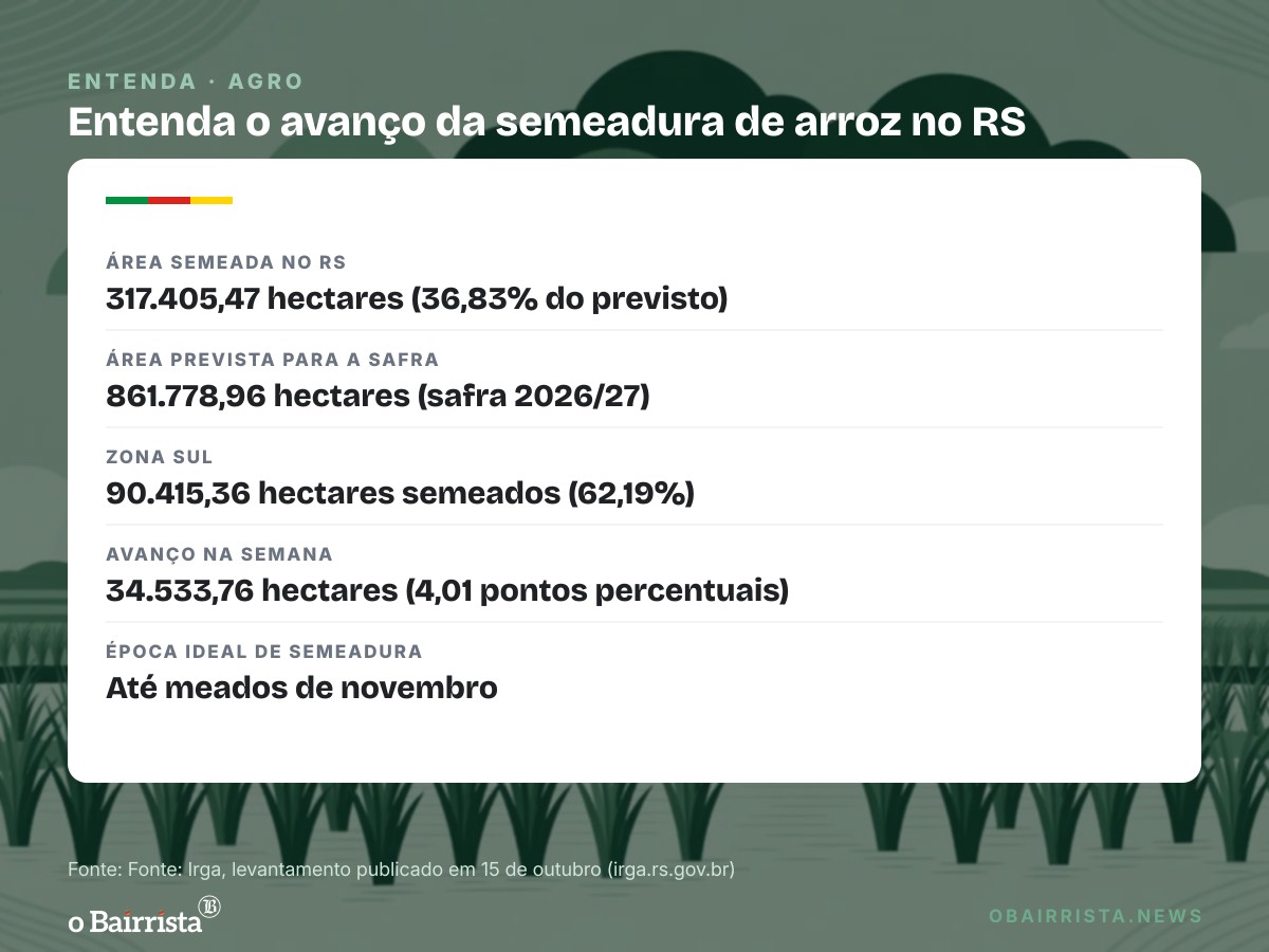 Quadro: Semeadura de arroz chega a 36,83% no RS; Zona Sul tem 62%, mas chuva trava máquinas