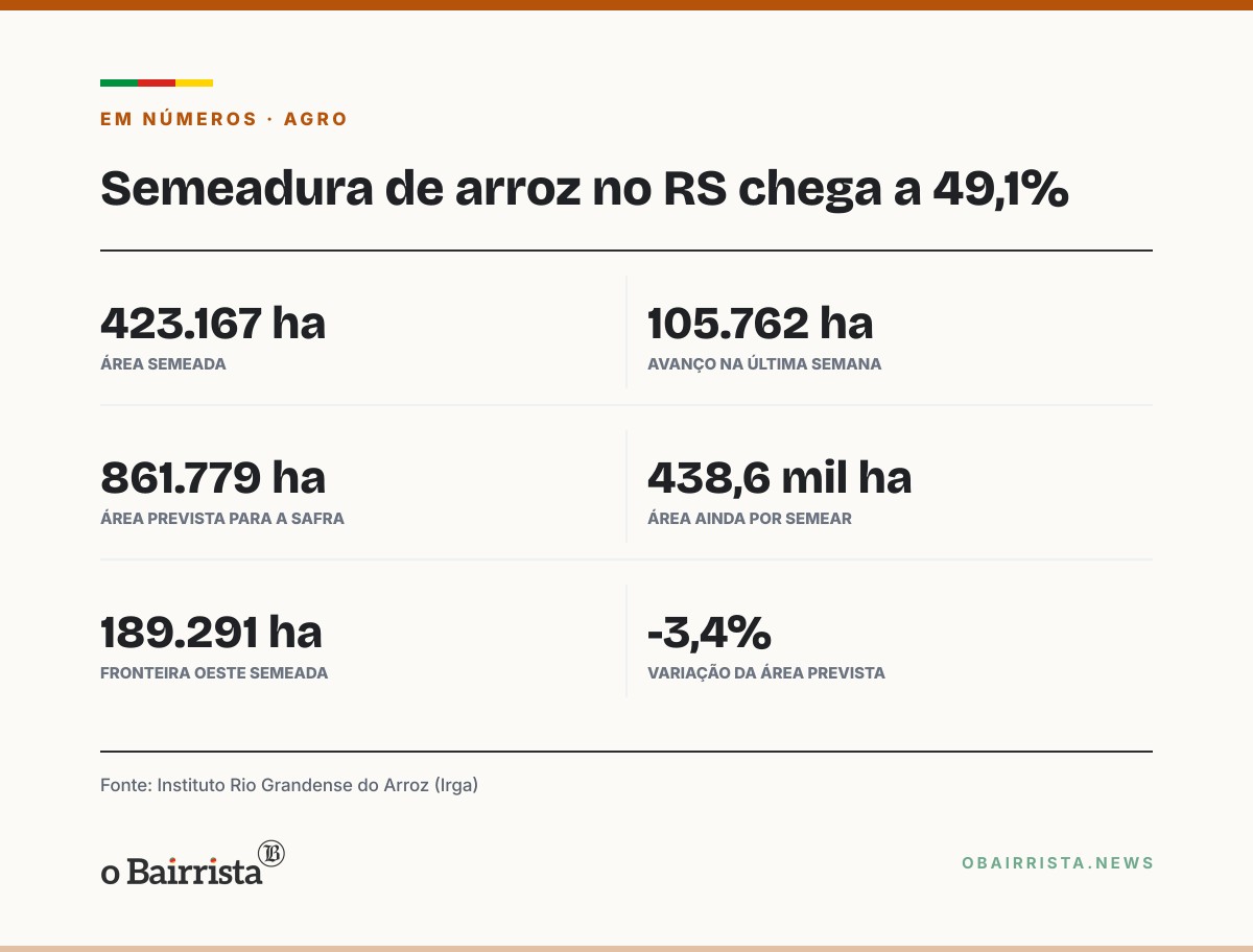 Quadro: Semeadura de arroz chega a 49,1% no RS, com 105,7 mil hectares em uma semana
