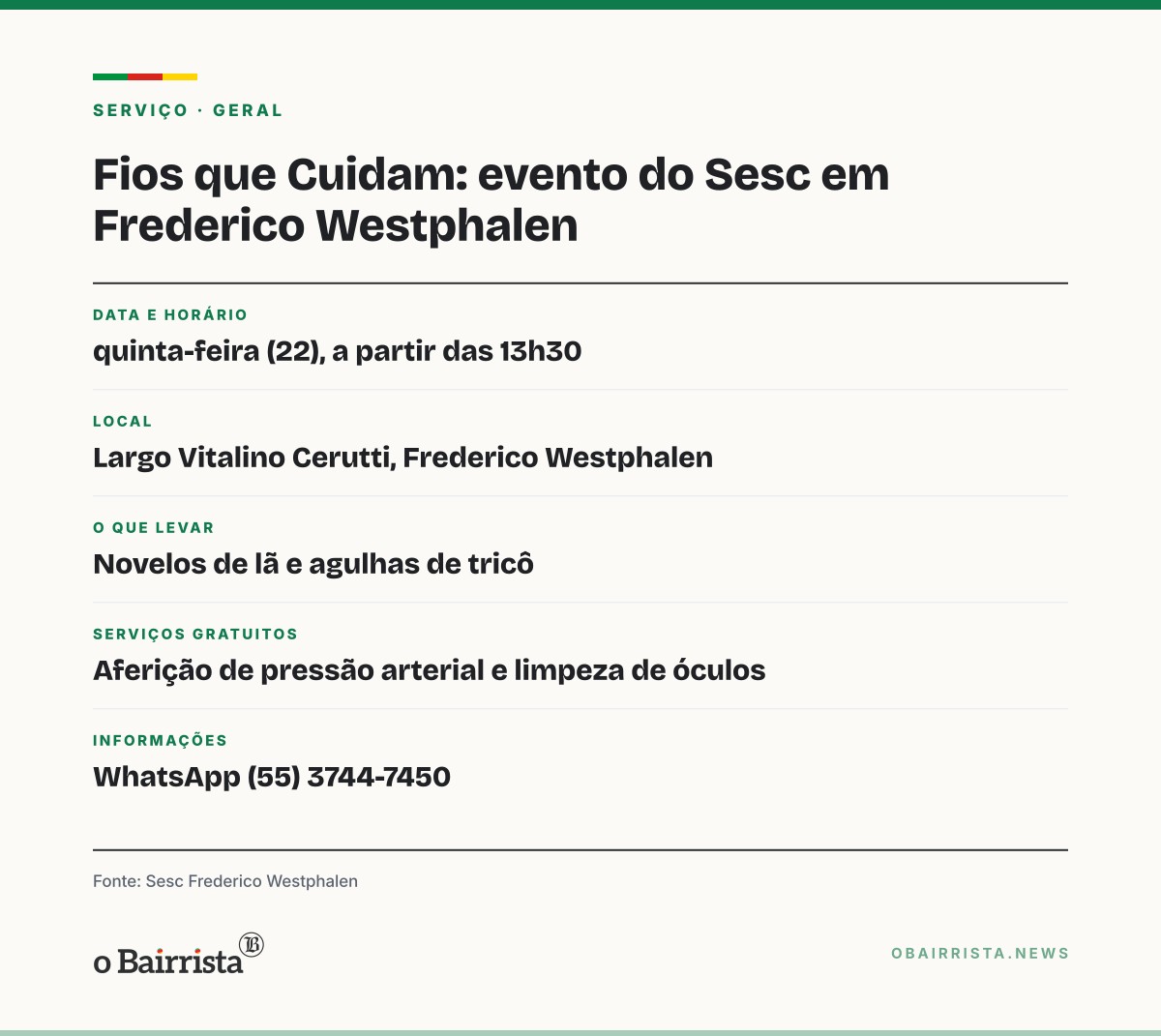 Quadro: Sesc de Frederico Westphalen recruta voluntários para tricotar mantas nesta quinta (22)
