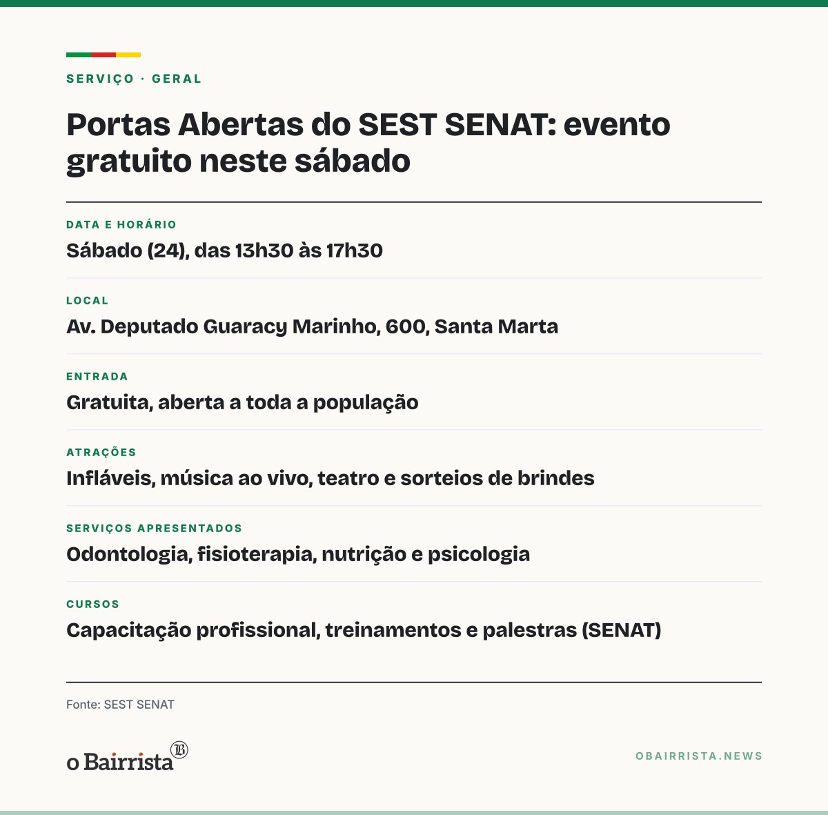 Quadro: SEST SENAT abre as portas neste sábado (24) com evento gratuito para as famílias