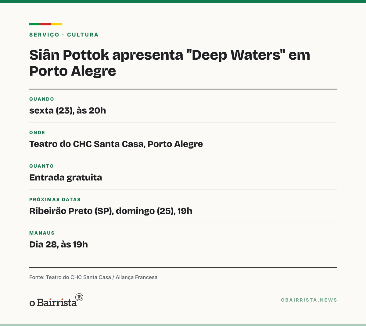Quadro: Siân Pottok apresenta o álbum "Deep Waters" de graça no Teatro do CHC, nesta sexta (23)