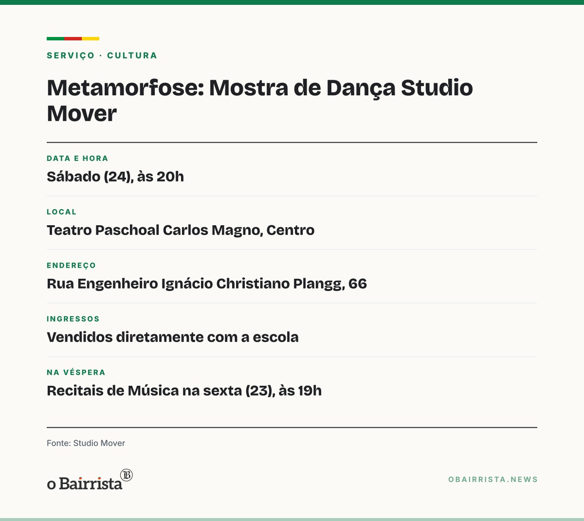 Quadro: Studio Mover apresenta Metamorfose neste sábado (24) no Teatro Paschoal Carlos Magno