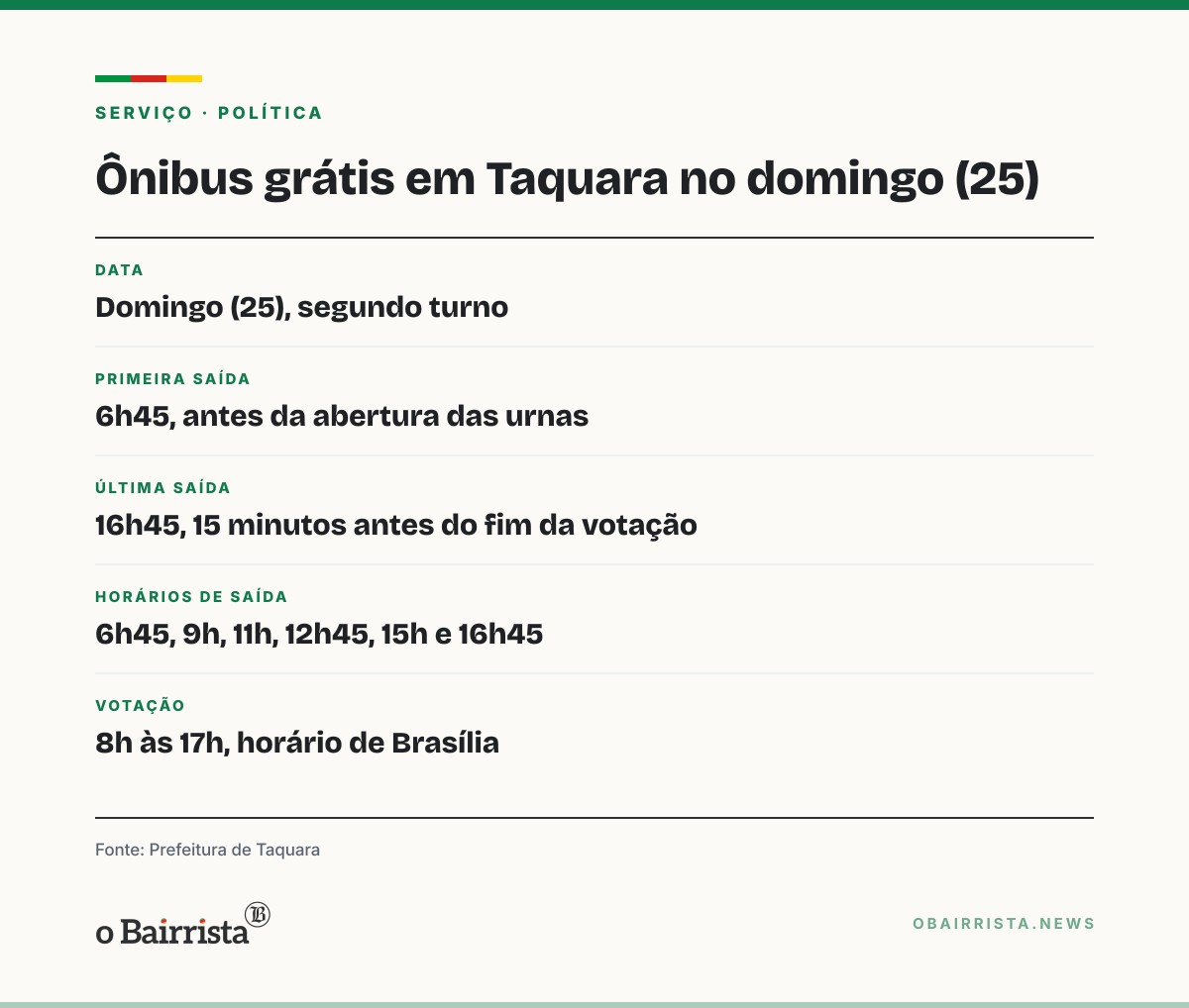 Quadro: Taquara terá ônibus gratuito no segundo turno, domingo (25), com seis horários