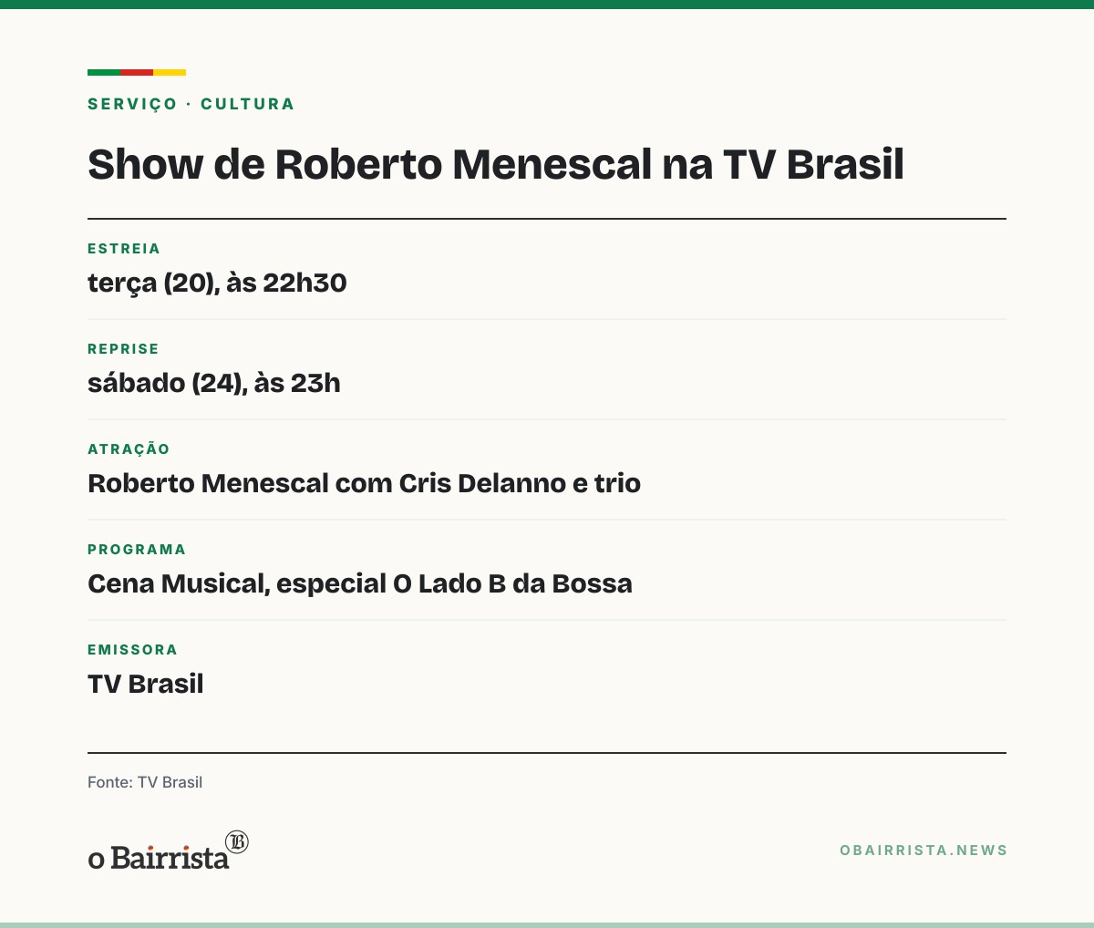 Quadro: TV Brasil exibe nesta terça (20) show de Roberto Menescal, às vésperas dos 89 anos