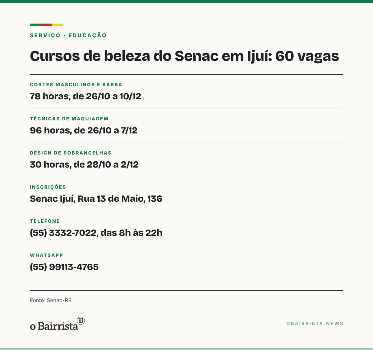 Quadro: Unidade Móvel de Beleza do Senac-RS abre mais de 60 vagas em cursos em Ijuí