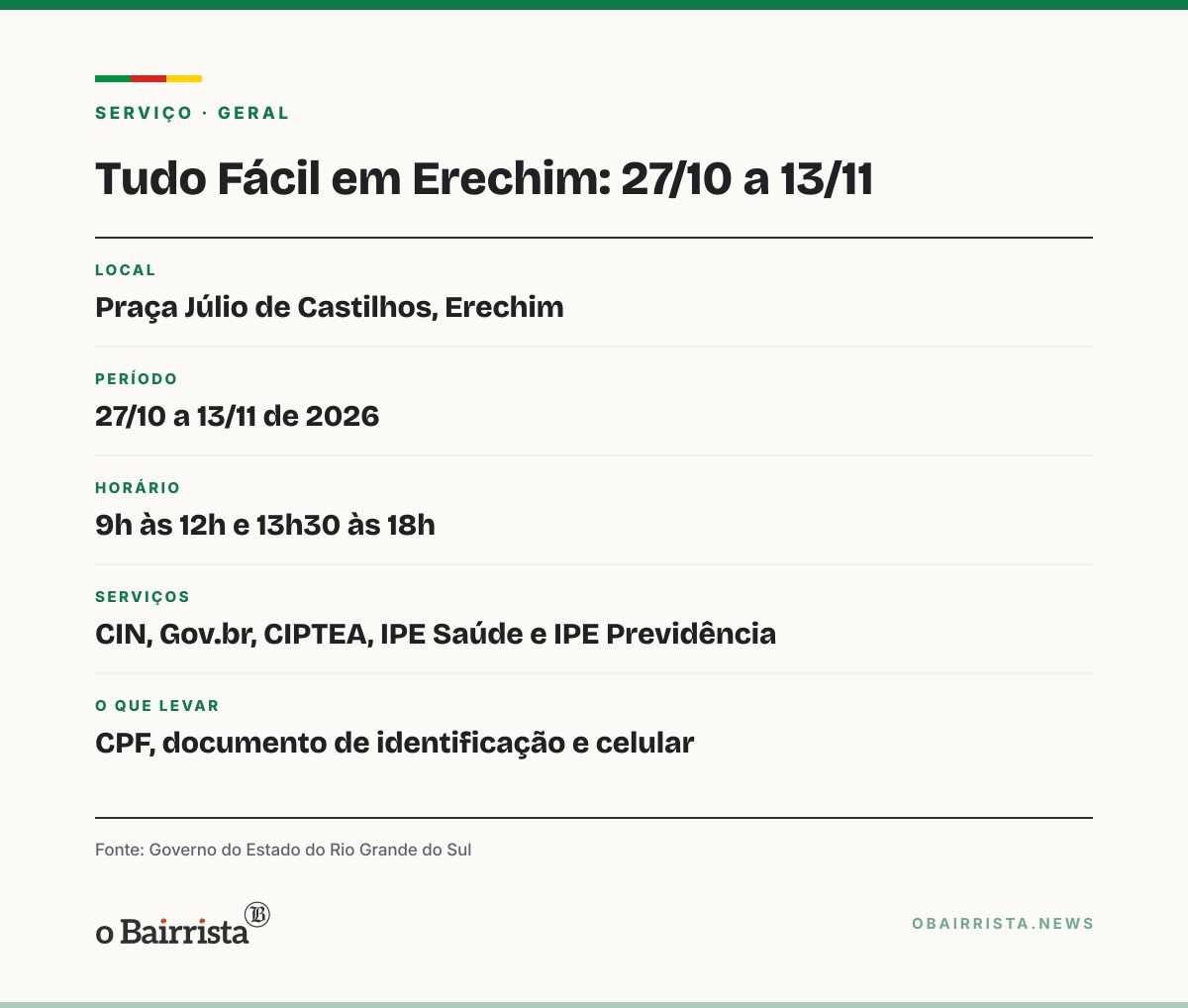 Quadro: Unidade Móvel do Tudo Fácil atende em Erechim de 27 de outubro a 13 de novembro