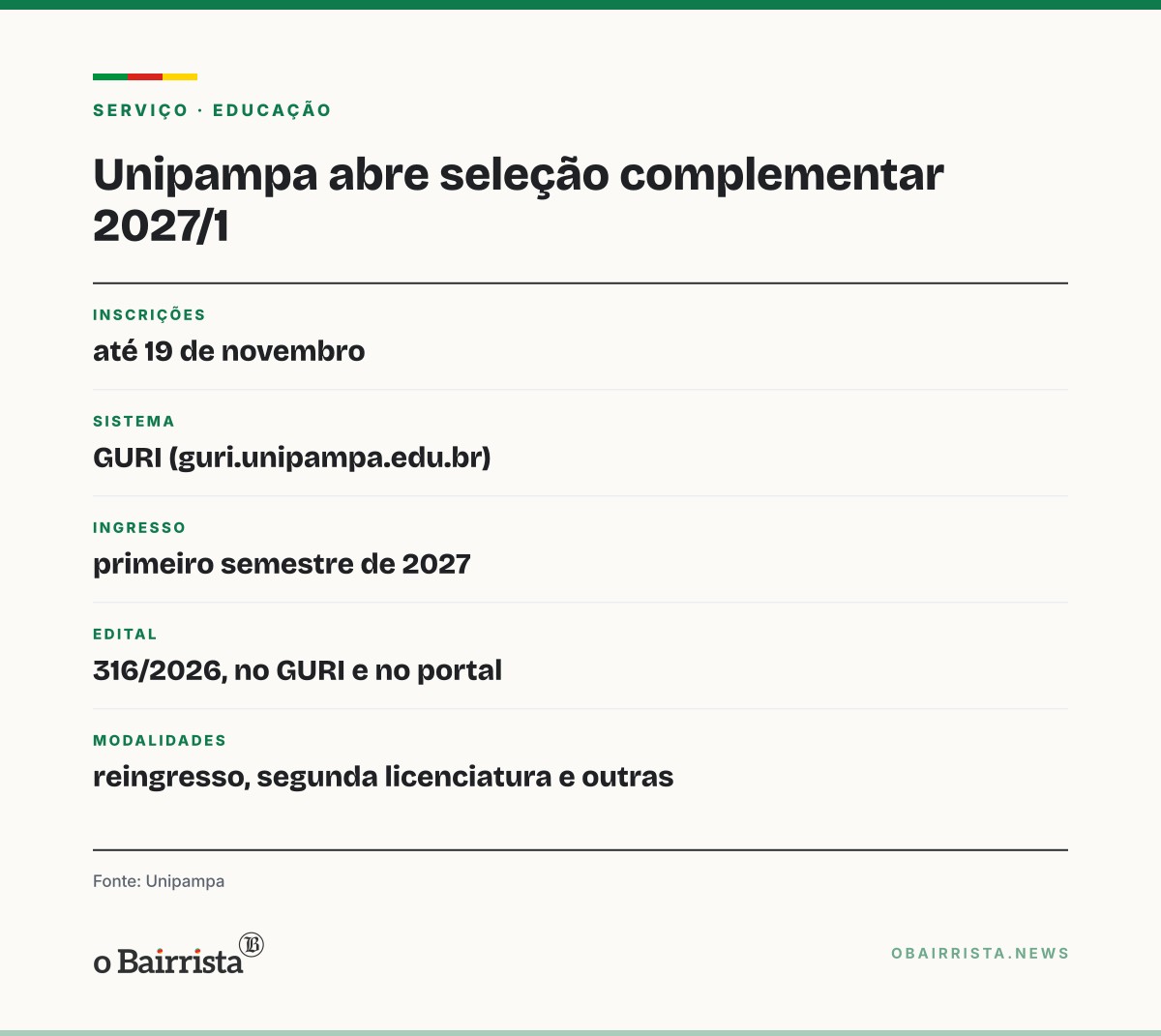 Quadro: Unipampa abre seleção complementar para 2027/1; inscrições vão até 19 de novembro