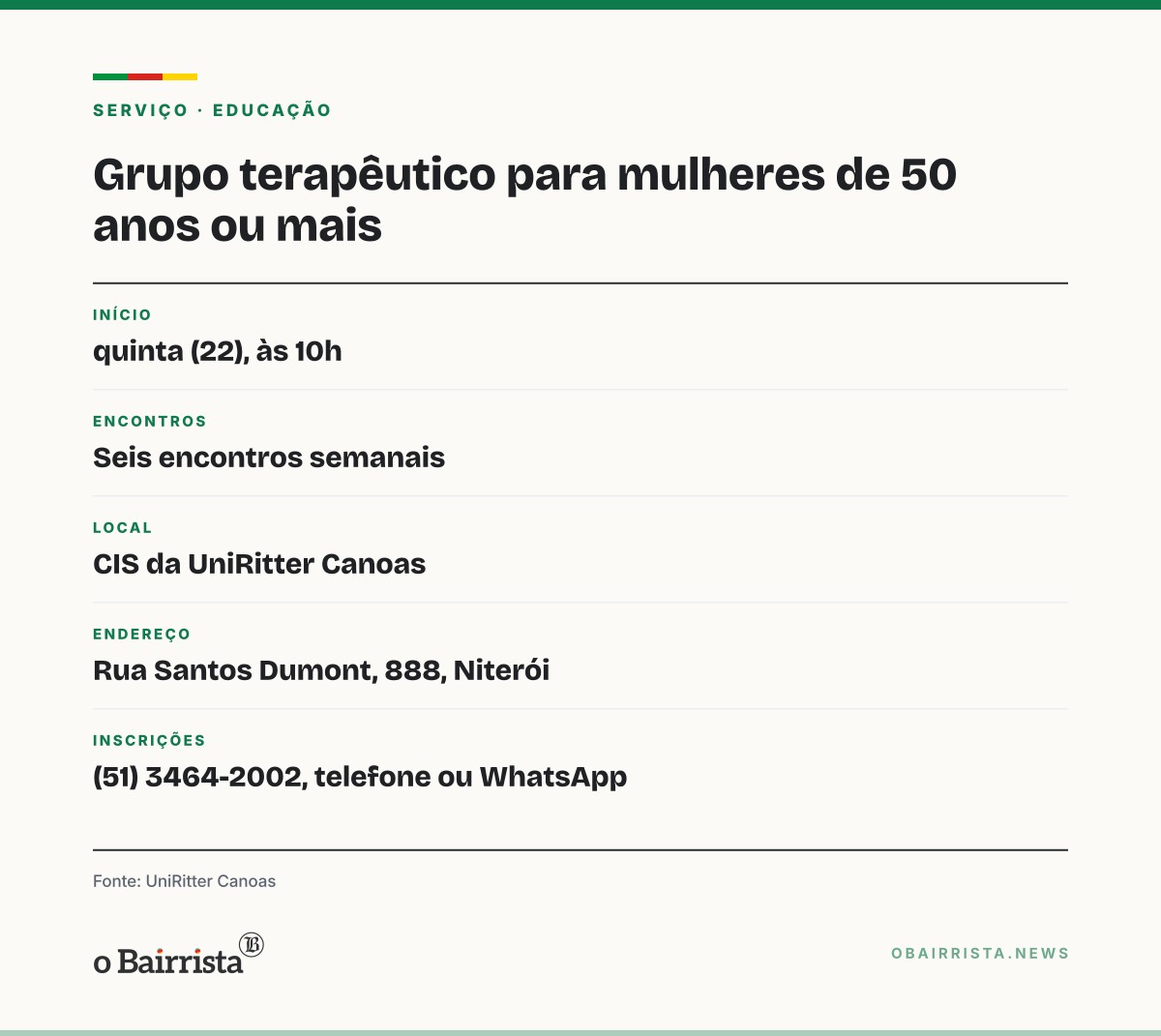 Quadro: UniRitter Canoas abre inscrições para grupo terapêutico de mulheres com 50 anos ou mais