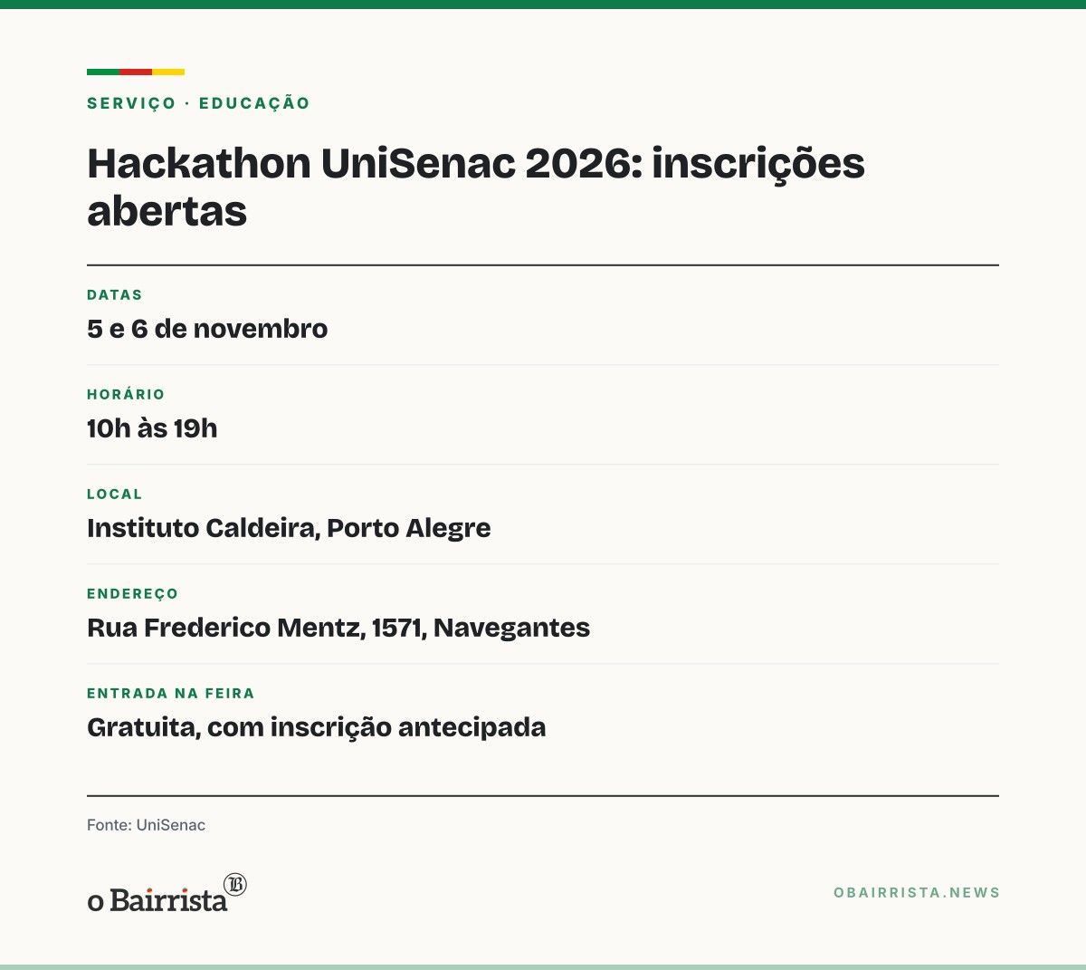 Quadro: UniSenac abre inscrições para hackathon de dois dias no Instituto Caldeira